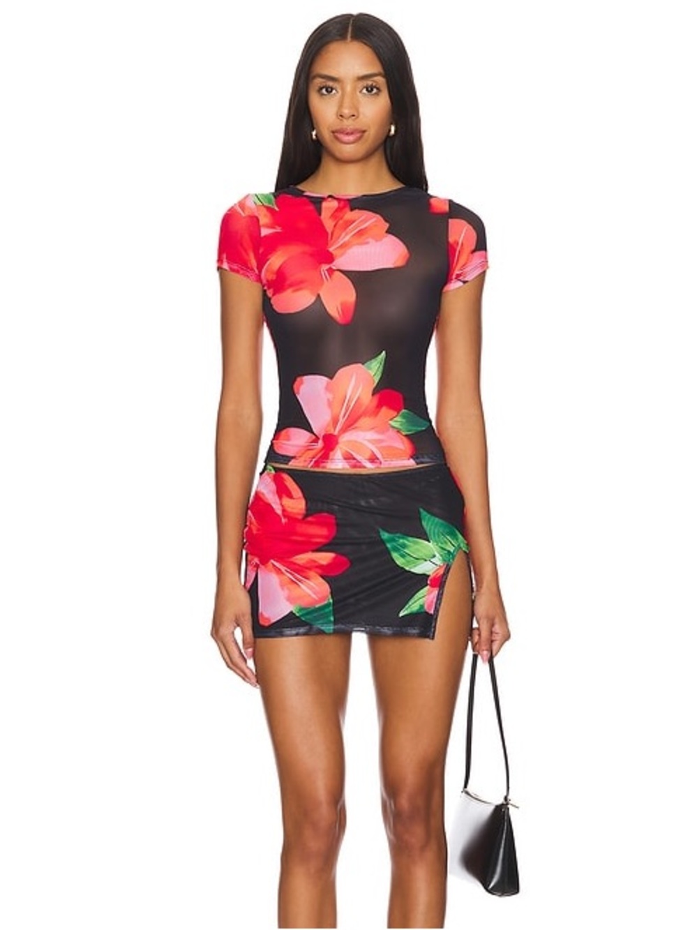 superdown Black Mesh Floral Two-Piece Set with Red & Green Bloom